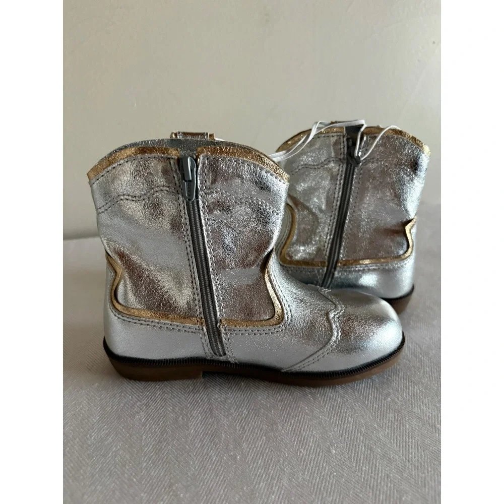 Zara Kids Silver Metallic Embroidered Cowboy Boots Toddler Size 9.5 EU 26 NEW